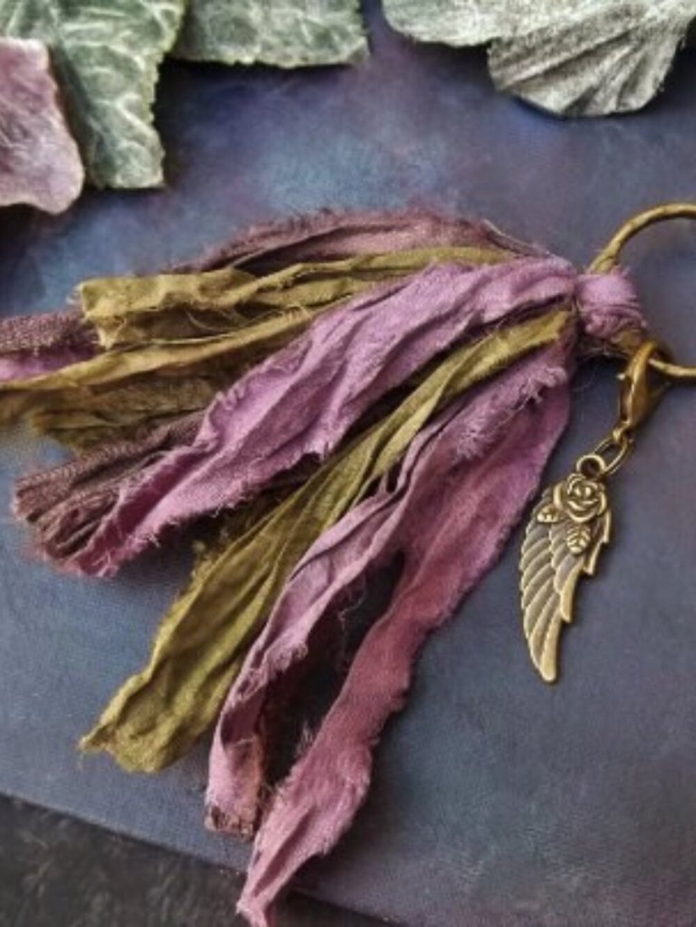 OOAK Handmade Boho Sari Silk Tassel Keychain Set Wing Rose Charm Accessory